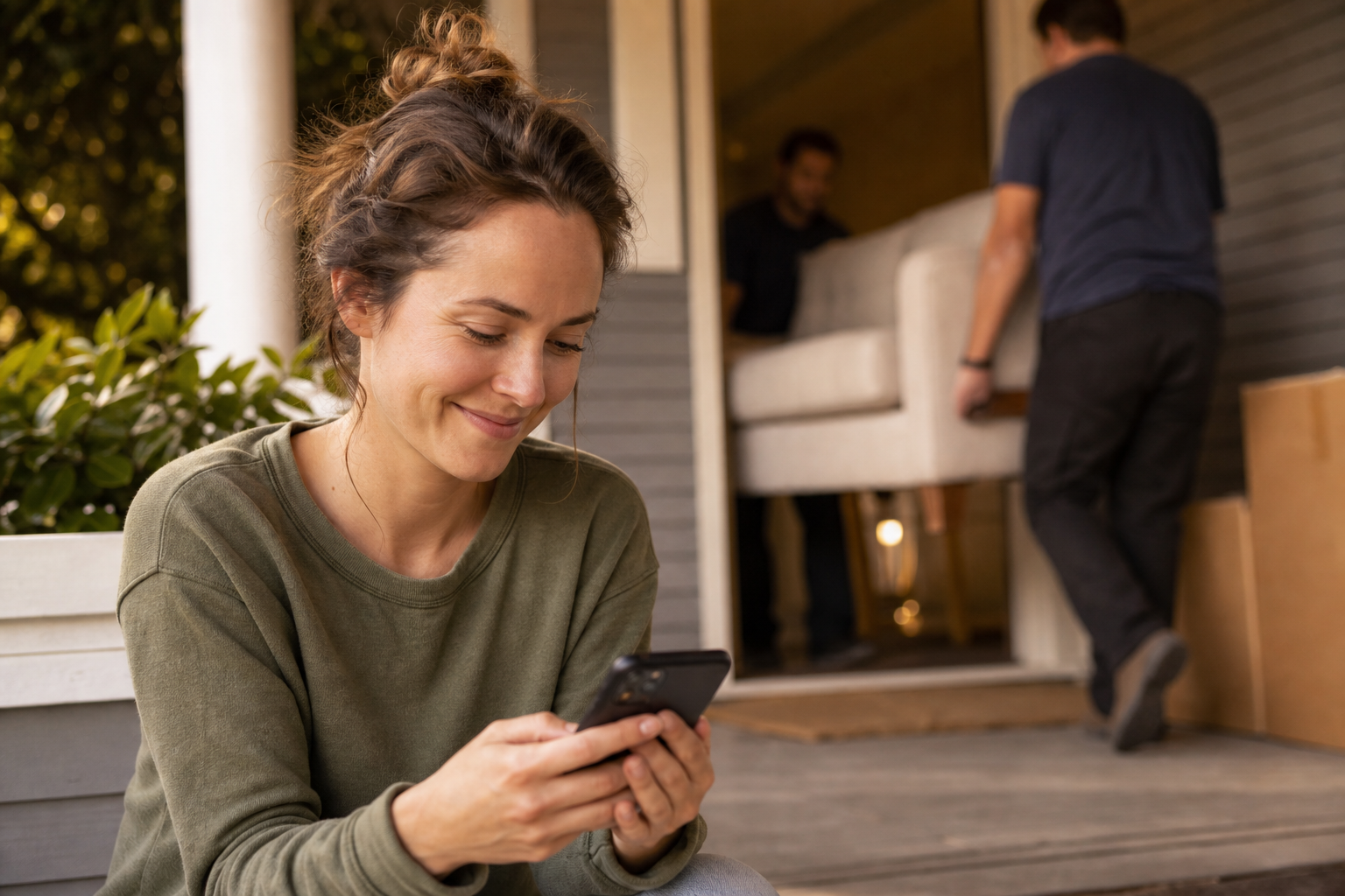 Customer checking move updates on a phone on moving day